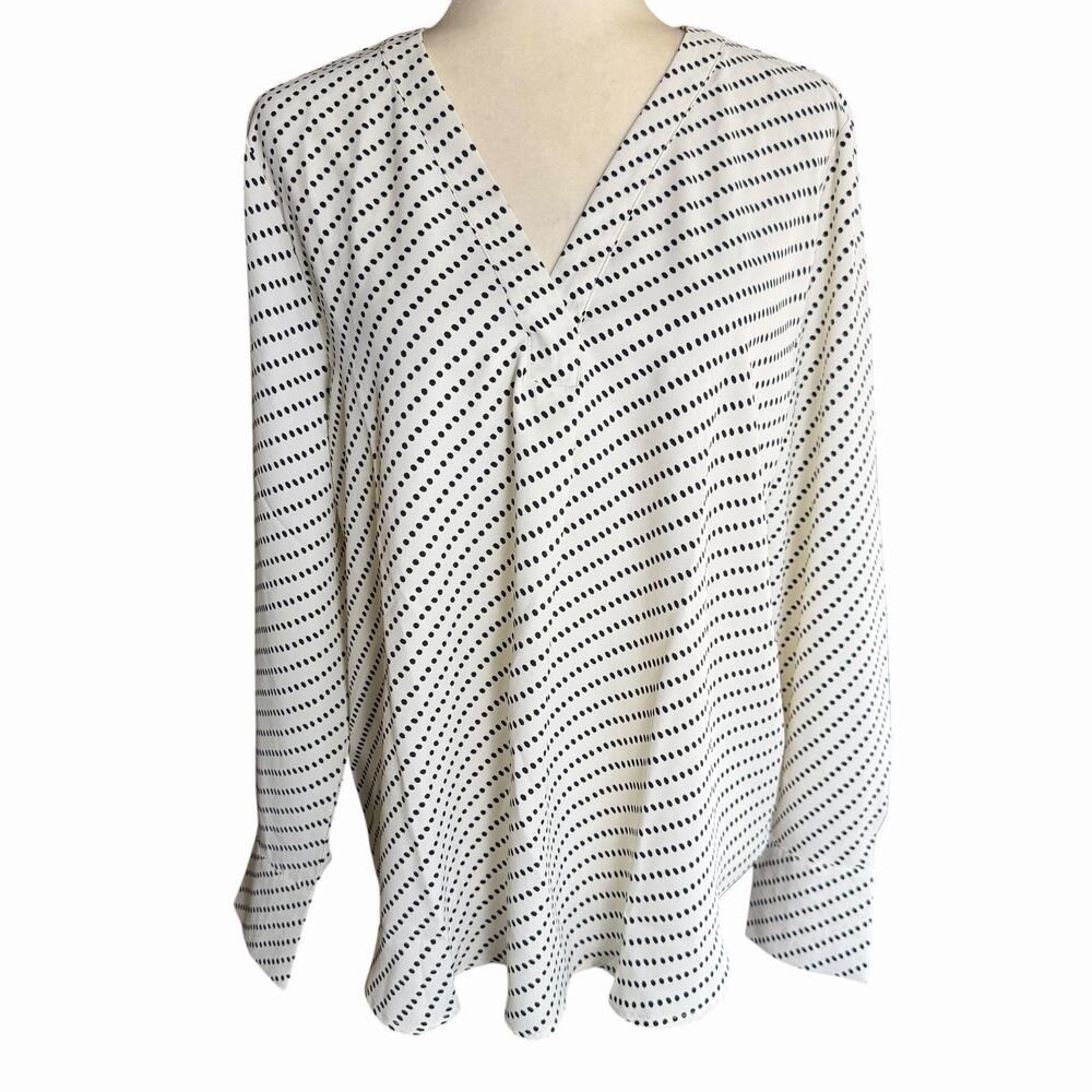 Ann Taylor V Neck Blouse Women's Polkadot Black White L/S L Career Business - Picture 1 of 10
